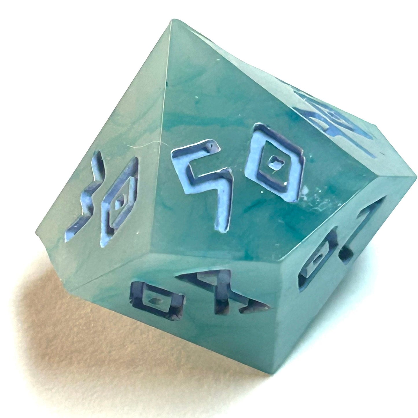 Turquoise marbled resin dice d% with pale blue numbering — Infernal Crafts Azure Drift handmade resin dice