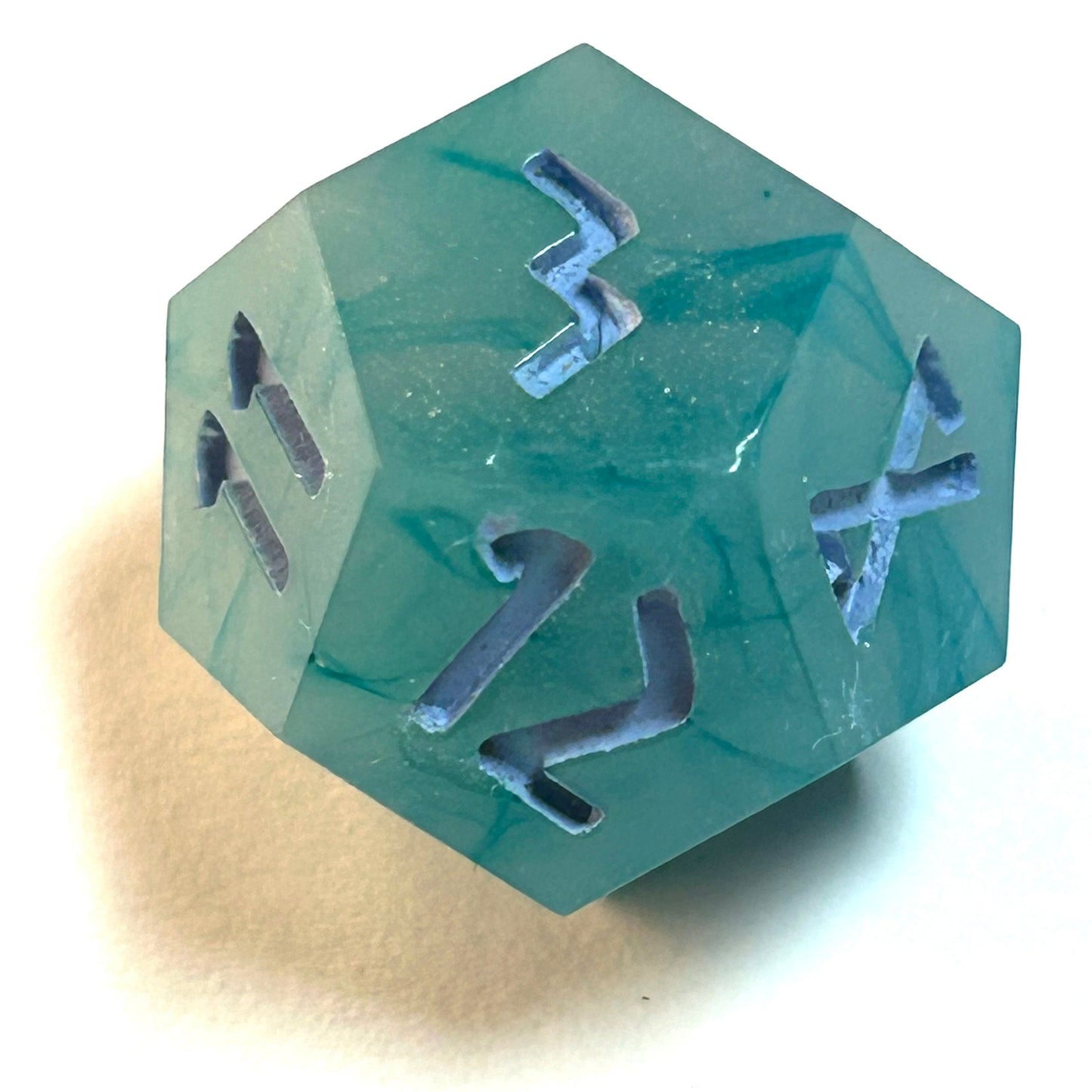 Turquoise marbled resin dice d12 with pale blue numbering — Infernal Crafts Azure Drift handmade resin dice