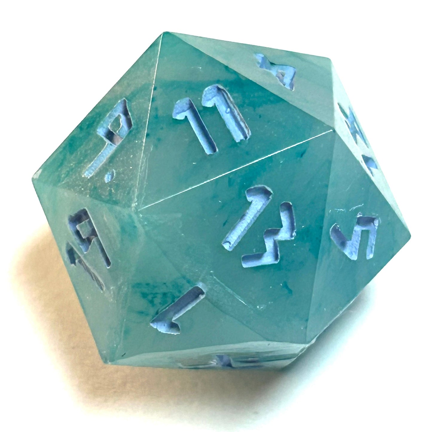Turquoise marbled resin dice d20 with pale blue numbering — Infernal Crafts Azure Drift handmade resin dice