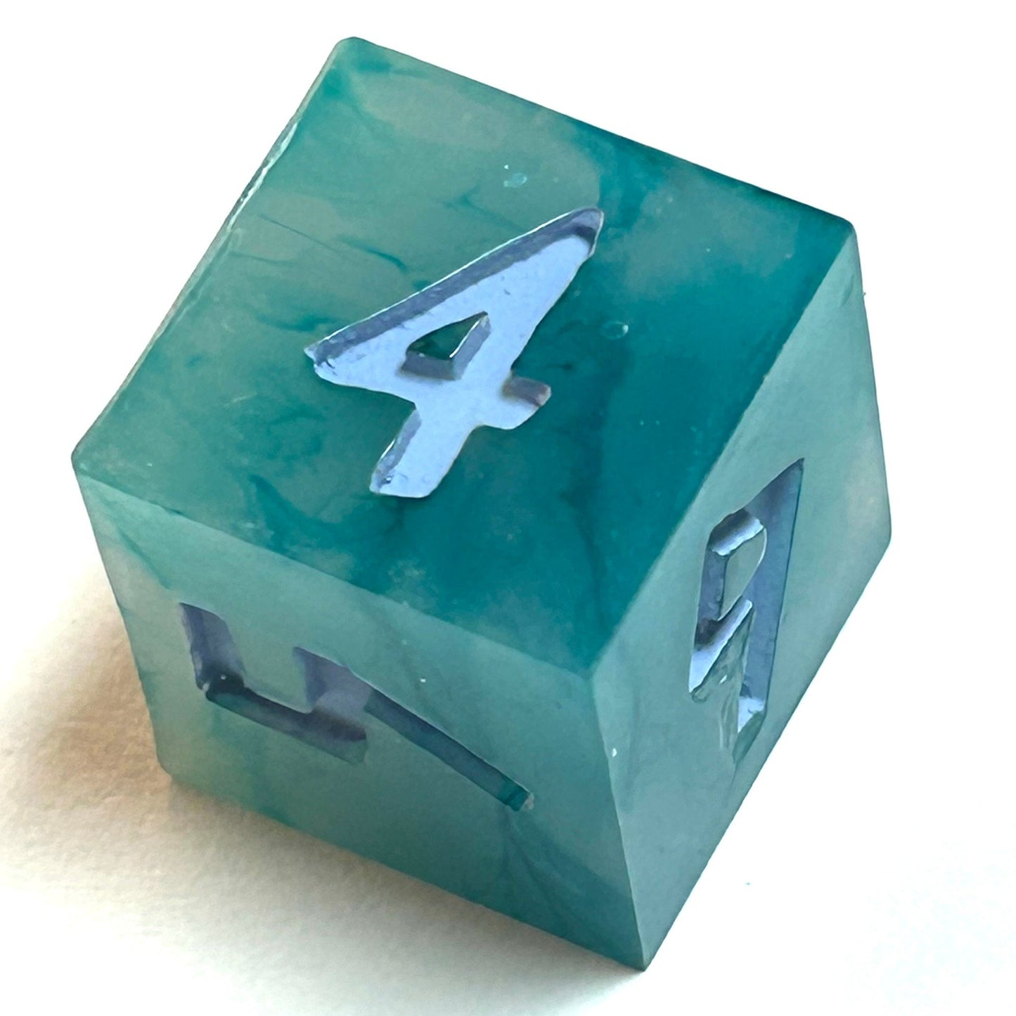 Turquoise marbled resin dice d6 with pale blue numbering — Infernal Crafts Azure Drift handmade resin dice