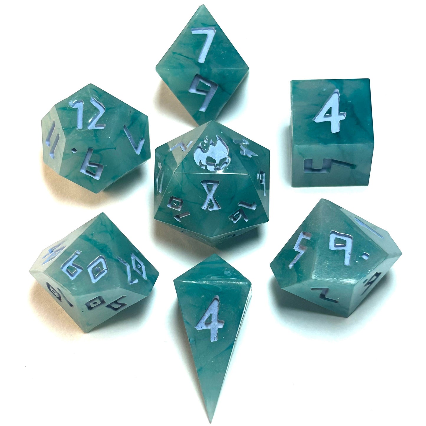 Turquoise marbled resin dice set with pale blue numbering — Infernal Crafts Azure Drift handmade resin dice set