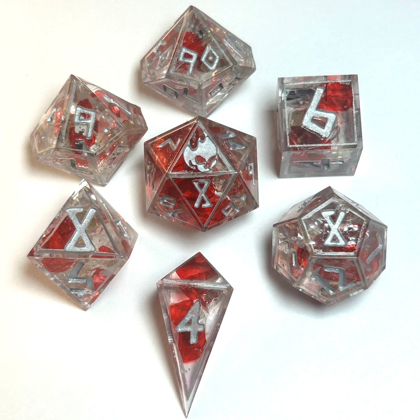 Clear resin dice set with embedded red shards and metallic silver numbering — Infernal Crafts Crimson Shards ‘Shattered Glass’ handmade resin dice set