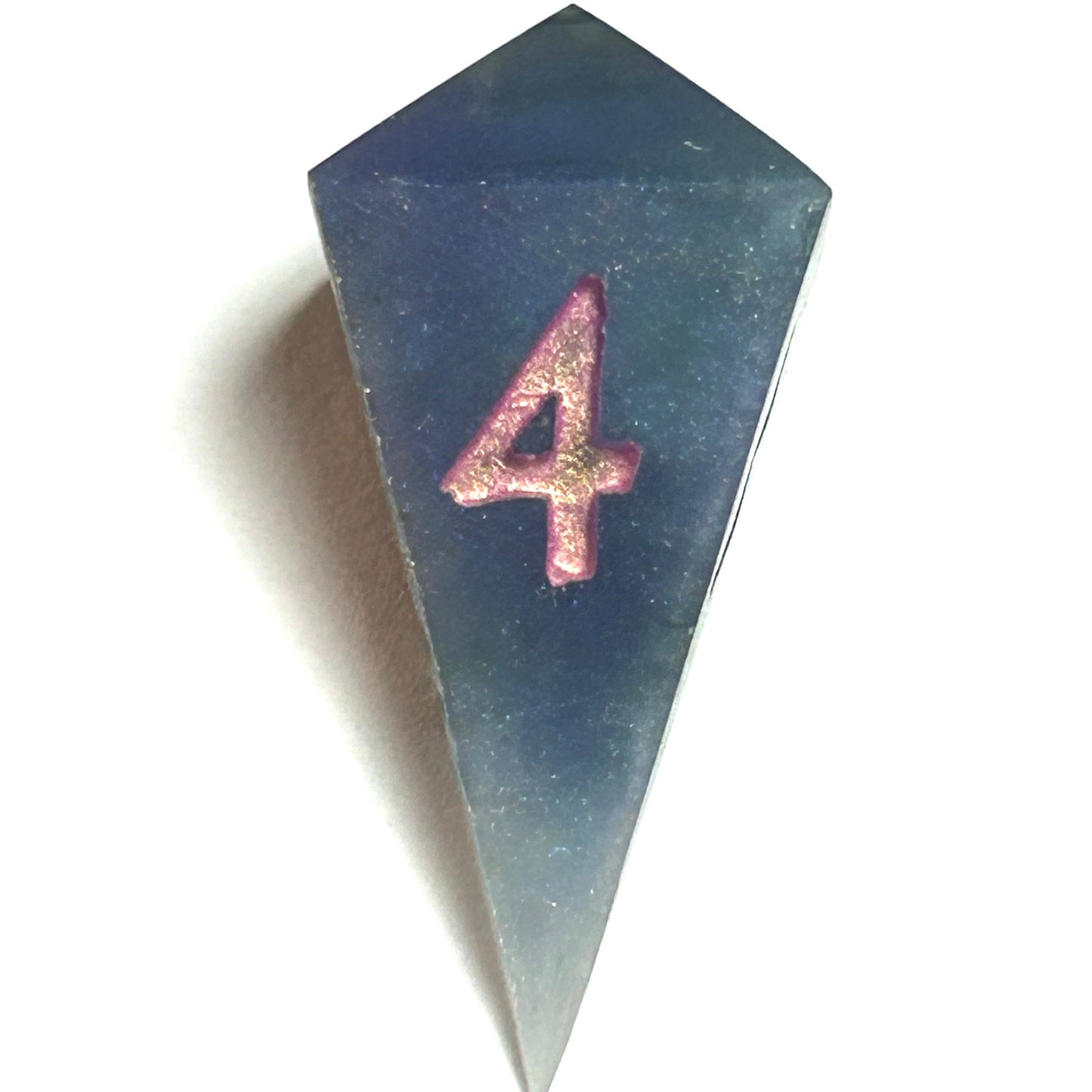 D4 die from the Embermist resin dice set with a smooth blue-gray finish and radiant rose engraved number four