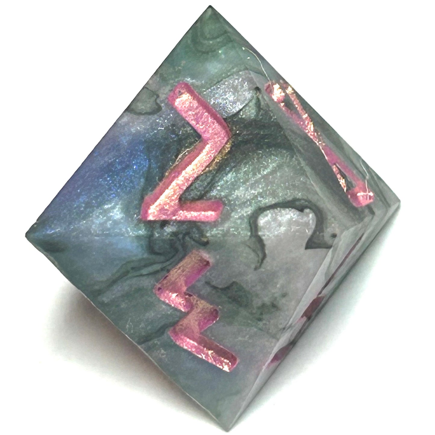 D8 die from the Embermist resin dice set with smoky marbled resin and rose engraved numbers