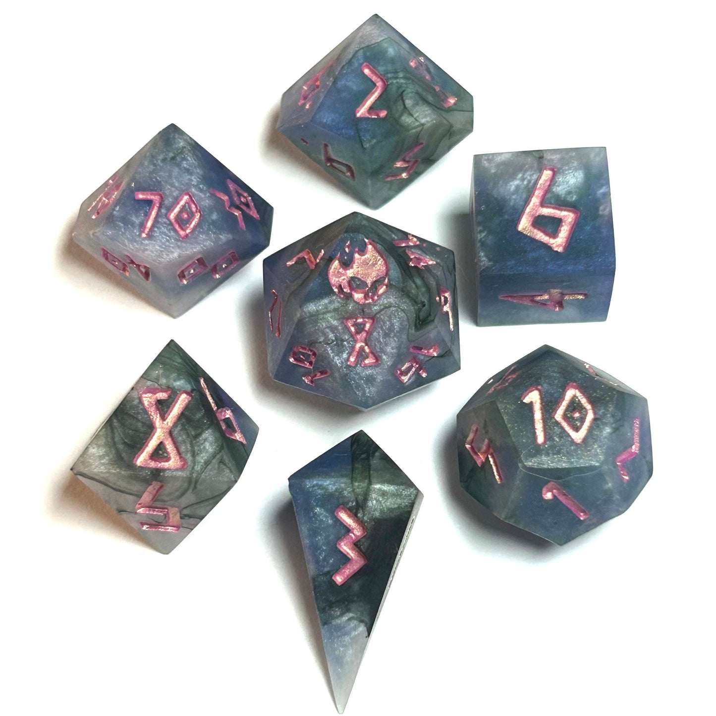 Embermist handmade resin dice set featuring swirling blue-gray resin with rose numbering — full 7-piece set by Infernal Crafts