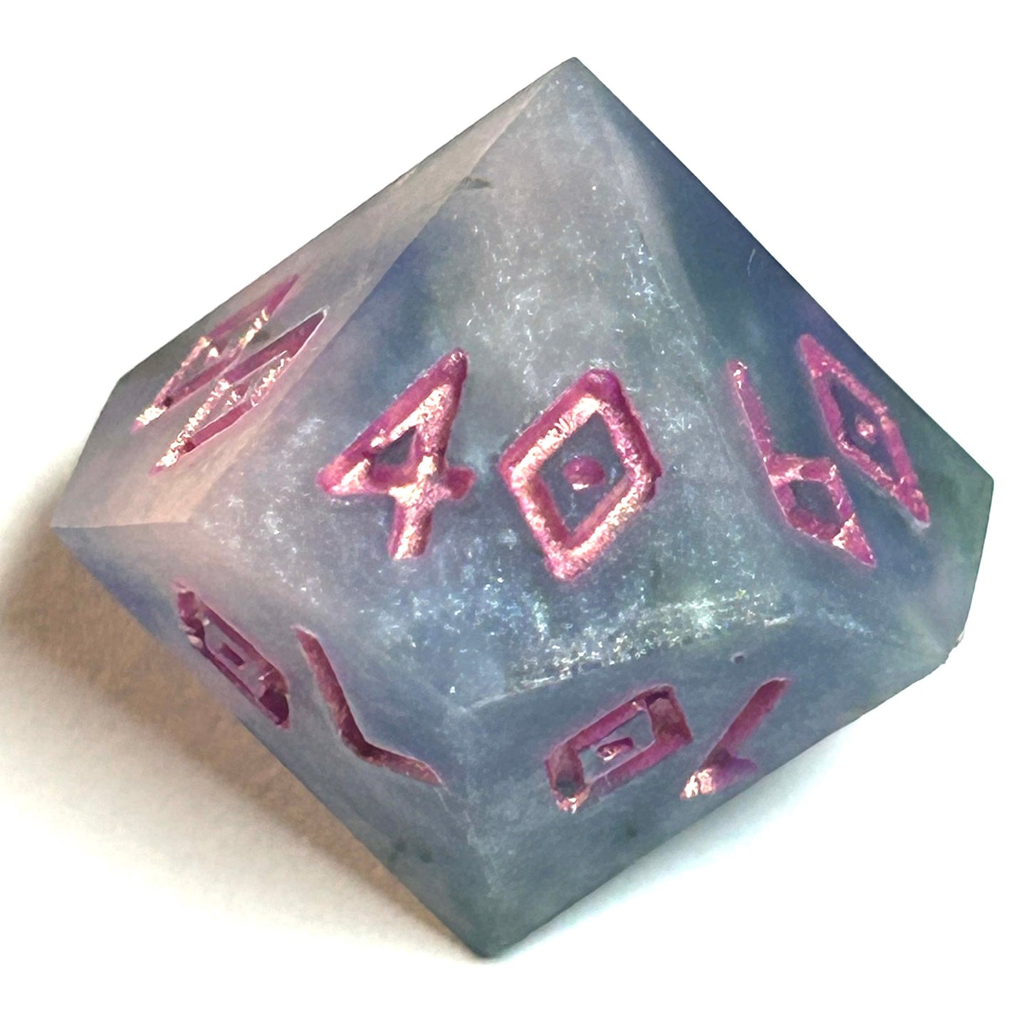 Percentile die from the Embermist handmade resin dice set, featuring blue-gray resin and rose numbering