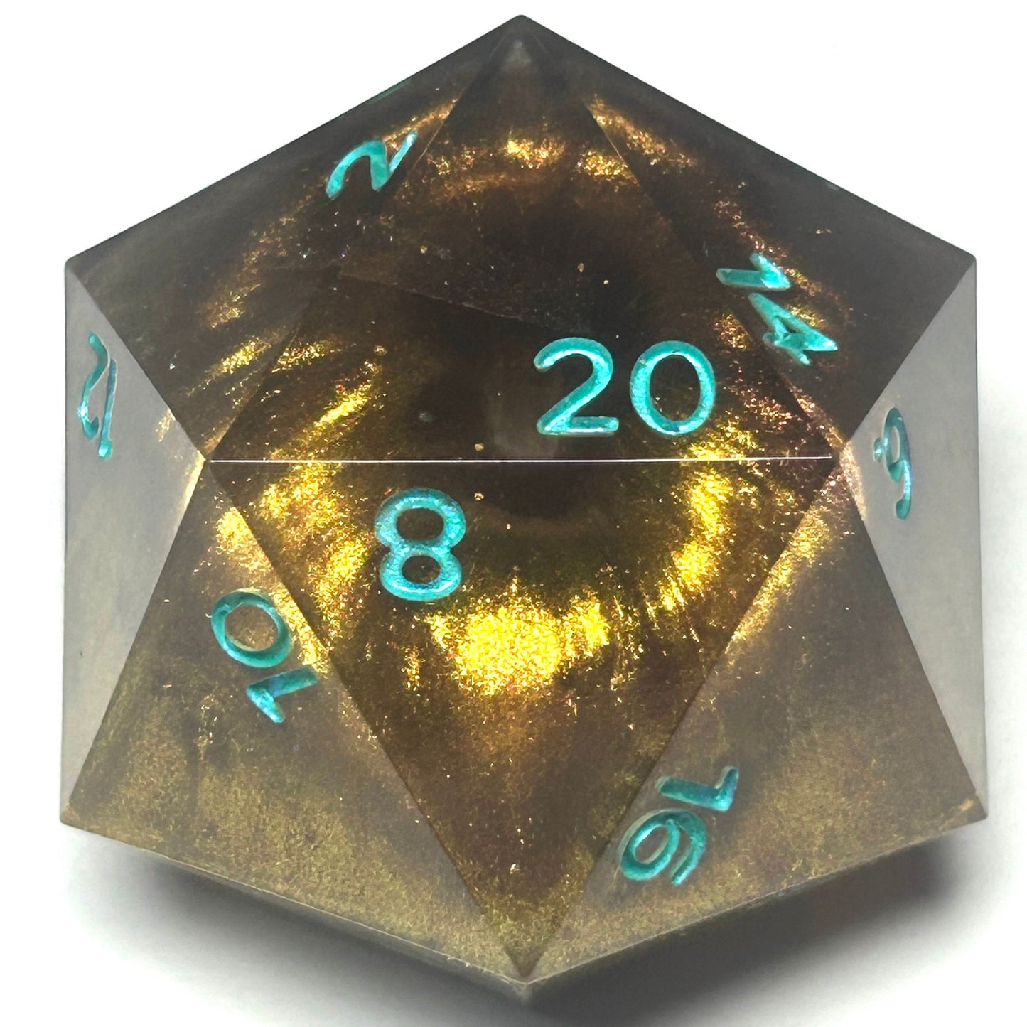 Oversized 40mm resin D20 with a metallic copper-gold core and teal numbers, handmade chonk die for tabletop RPGs.