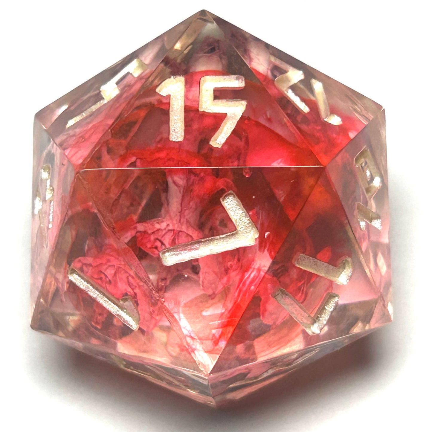 Handmade 35mm chonk D20, featuring ethically sourced mouse bones suspended in blood-red resin with gold numbering.