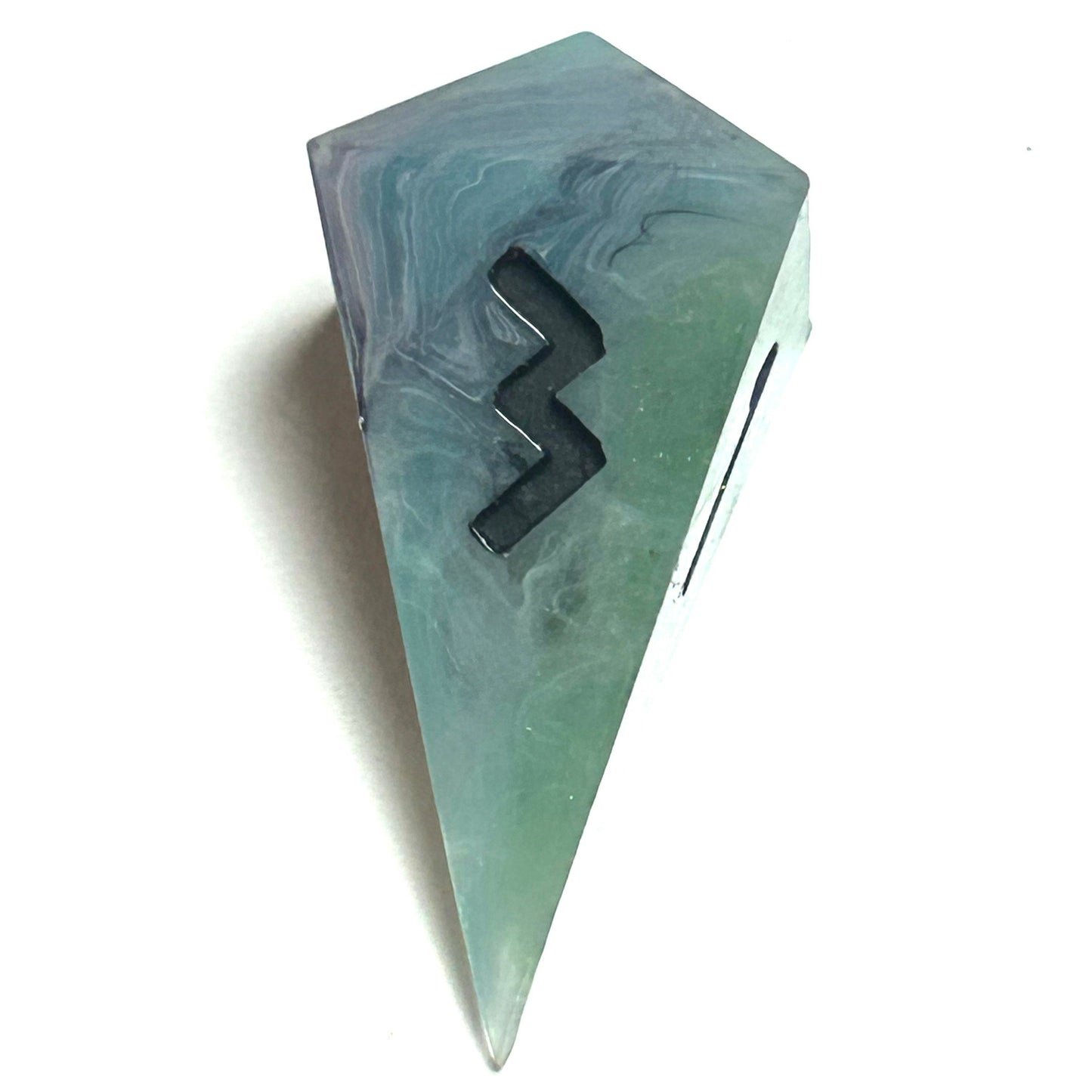 D4 die from the Mistbourne handmade resin dice set with elegant swirling gray-green tones and engraved black numbers