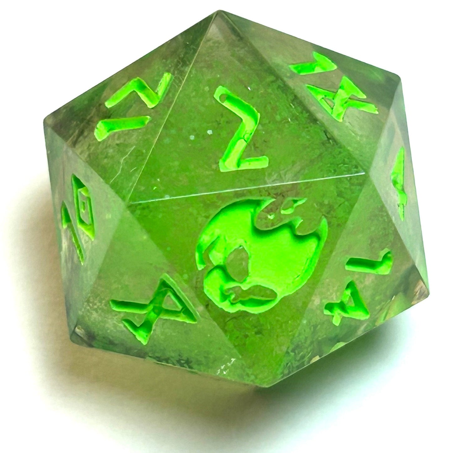 Translucent neon green resin d20 with matching engraved numbering — Infernal Crafts Neon Alchemy handmade resin dice