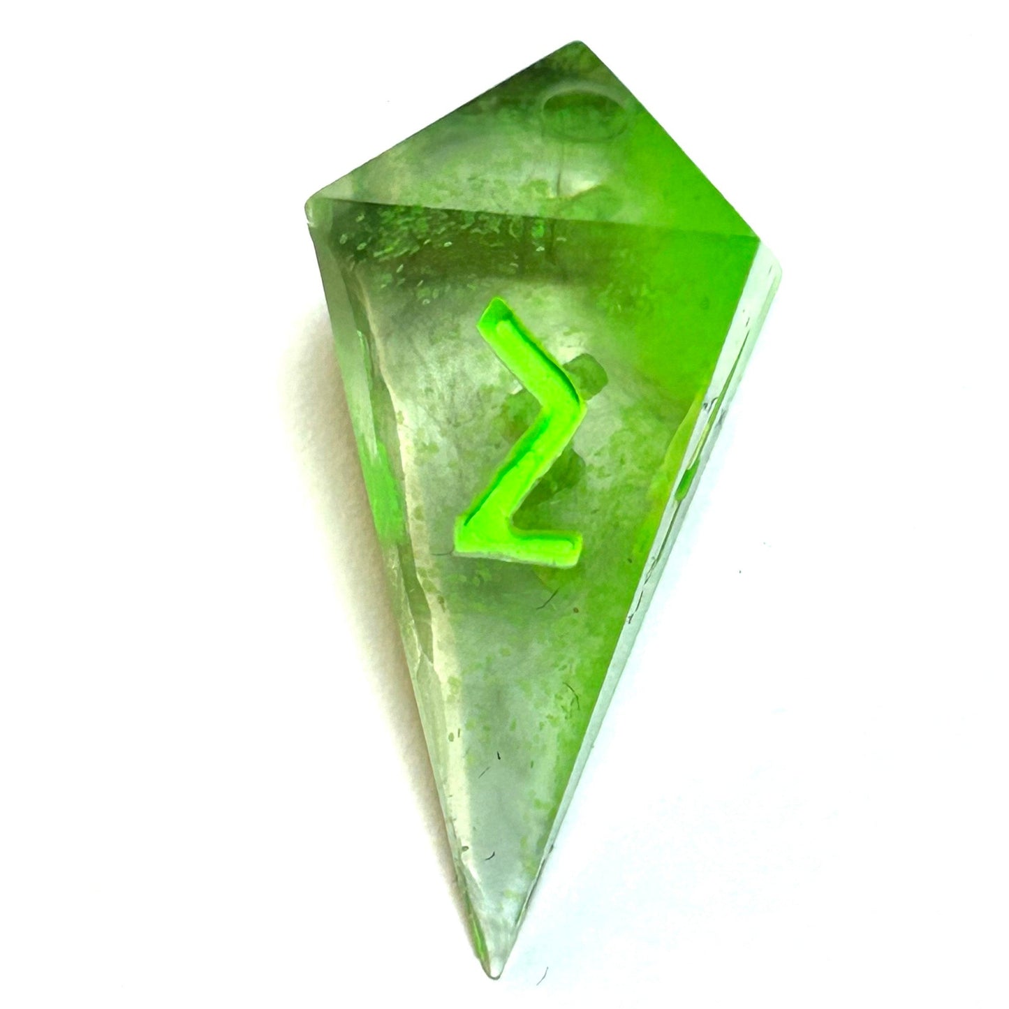 Translucent neon green resin d4 with matching engraved numbering — Infernal Crafts Neon Alchemy handmade resin dice
