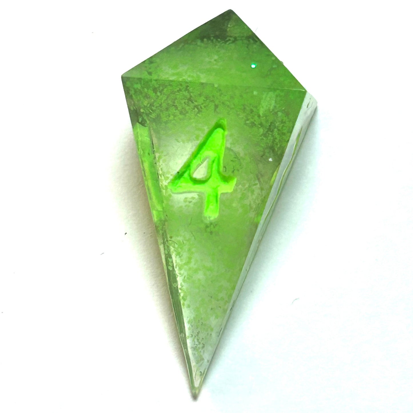 Translucent neon green resin d4 with matching engraved numbering — Infernal Crafts Neon Alchemy handmade resin dice