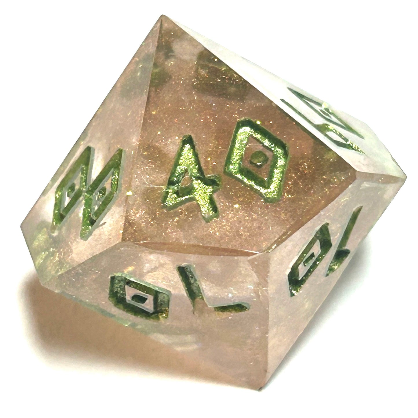 Percentile die from the Verdigrace resin dice set, featuring translucent golden resin with bright green numbering