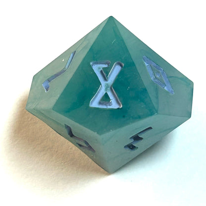 Turquoise marbled resin dice with pale blue numbering — Infernal Crafts Azure Drift handmade resin dice d10