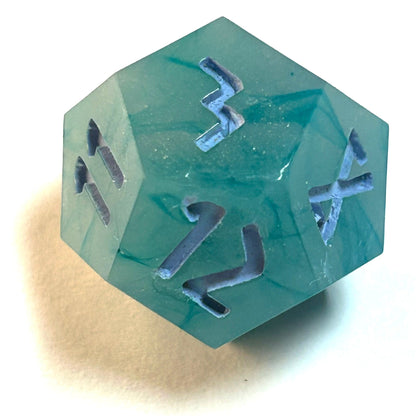 Turquoise marbled resin dice d12 with pale blue numbering — Infernal Crafts Azure Drift handmade resin dice