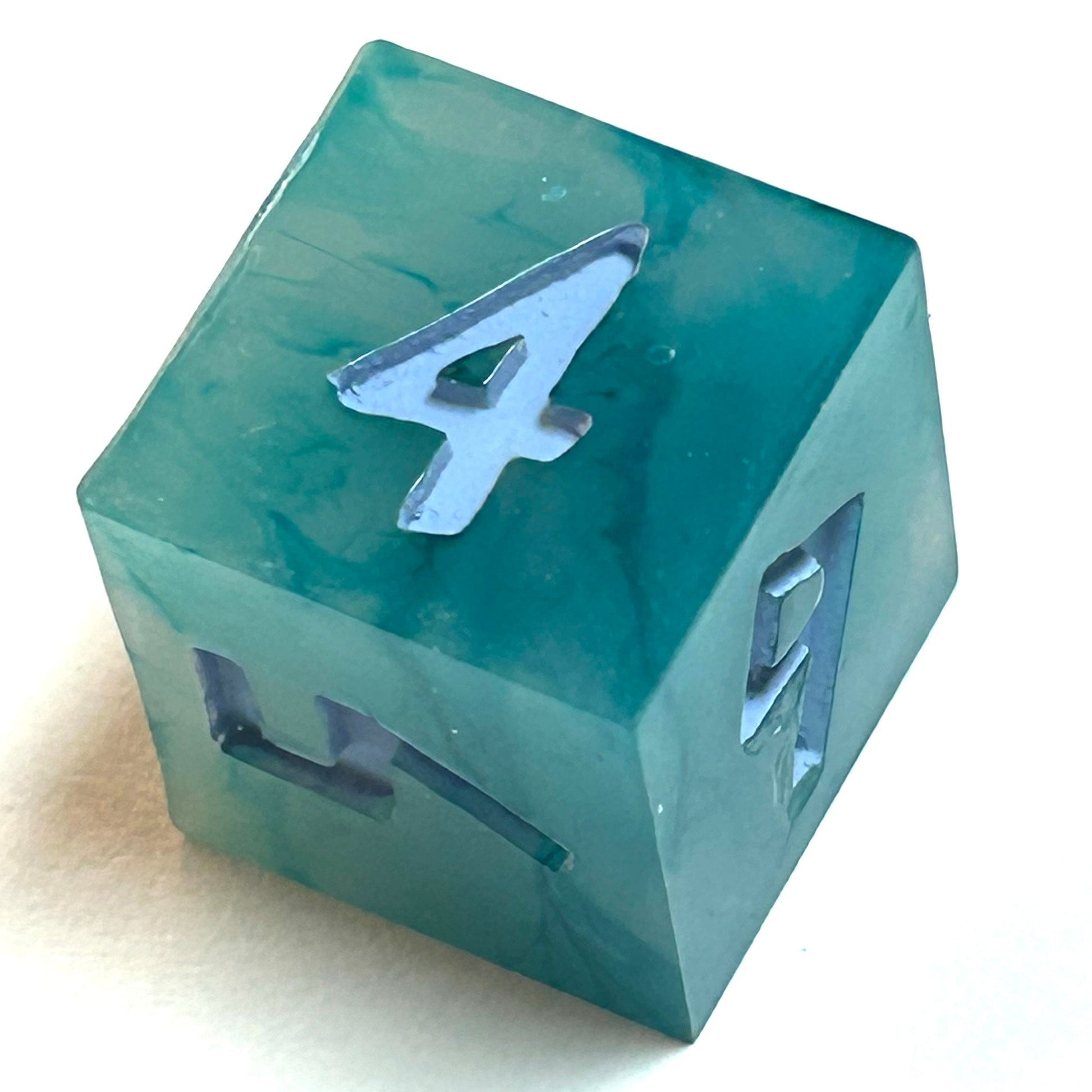 Turquoise marbled resin dice d6 with pale blue numbering — Infernal Crafts Azure Drift handmade resin dice