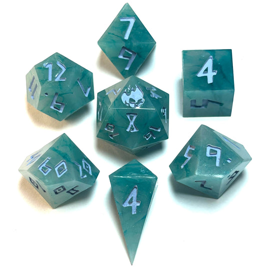 Turquoise marbled resin dice set with pale blue numbering — Infernal Crafts Azure Drift handmade resin dice set