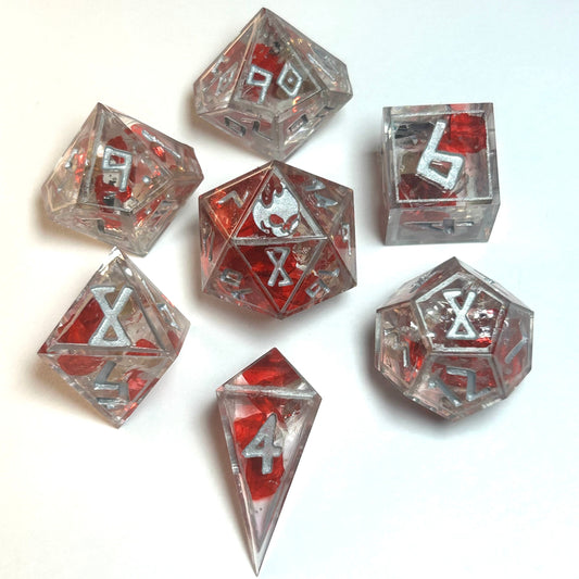Clear resin dice set with embedded red shards and metallic silver numbering — Infernal Crafts Crimson Shards ‘Shattered Glass’ handmade resin dice set