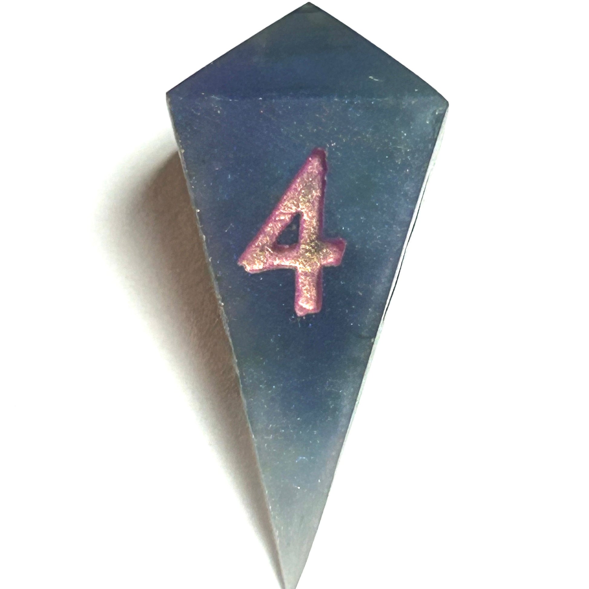 D4 die from the Embermist resin dice set with a smooth blue-gray finish and radiant rose engraved number four
