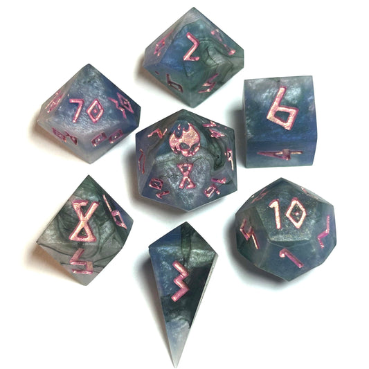 Embermist handmade resin dice set featuring swirling blue-gray resin with rose numbering — full 7-piece set by Infernal Crafts