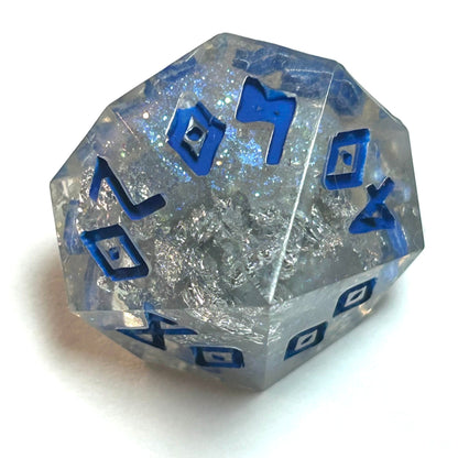 Clear resin dice d percentage with silver shimmer and deep blue numbering, resembling fractured ice — Infernal Crafts Glacial Veil handmade resin dice