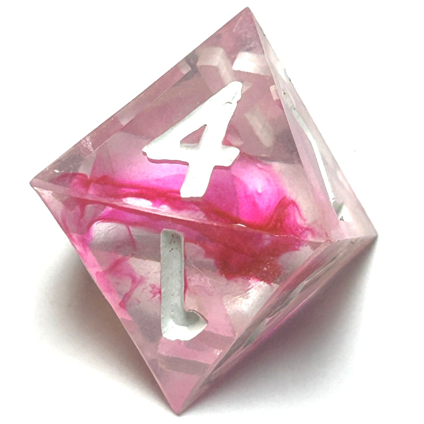D8 die from the Heartbreaker handmade resin dice set, clear resin with swirling crimson pigment and bold white numerals