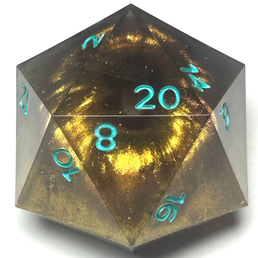 Oversized 40mm resin D20 with a metallic copper-gold core and teal numbers, handmade chonk die for tabletop RPGs.