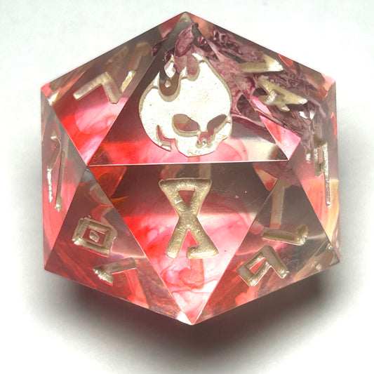 Oversized 35mm resin D20 die with real mouse bones encased in red swirling resin, finished with metallic gold numbers.