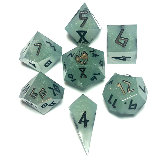 “Blue green and gold handmade resin dice set with black runic numbers and subtle shimmer — Infernal Crafts Verdant Ember dice set.”