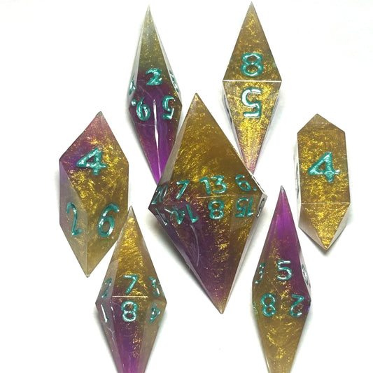 Purple and gold stabby dice set with turquoise numbers, elongated prism design — Infernal Crafts Royal Venom handmade stabby dice
