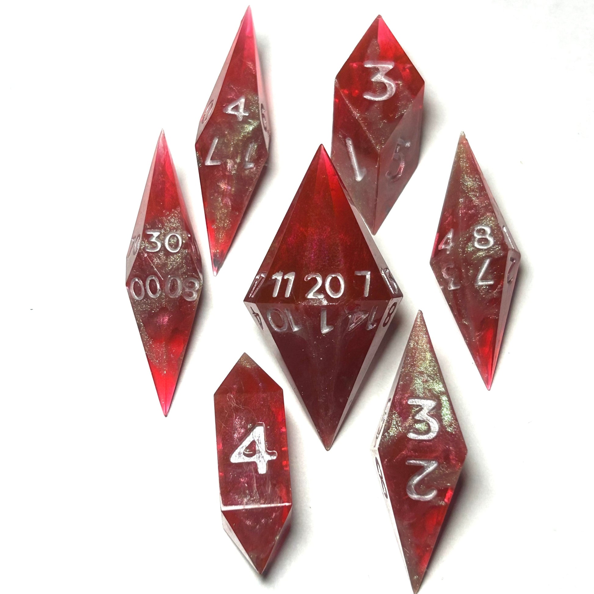 Red stabby dice set with white numbers and silver shimmer — Infernal Crafts Crimson Oath handmade stabby dice set