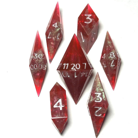 Red stabby dice set with white numbers and silver shimmer — Infernal Crafts Crimson Oath handmade stabby dice set