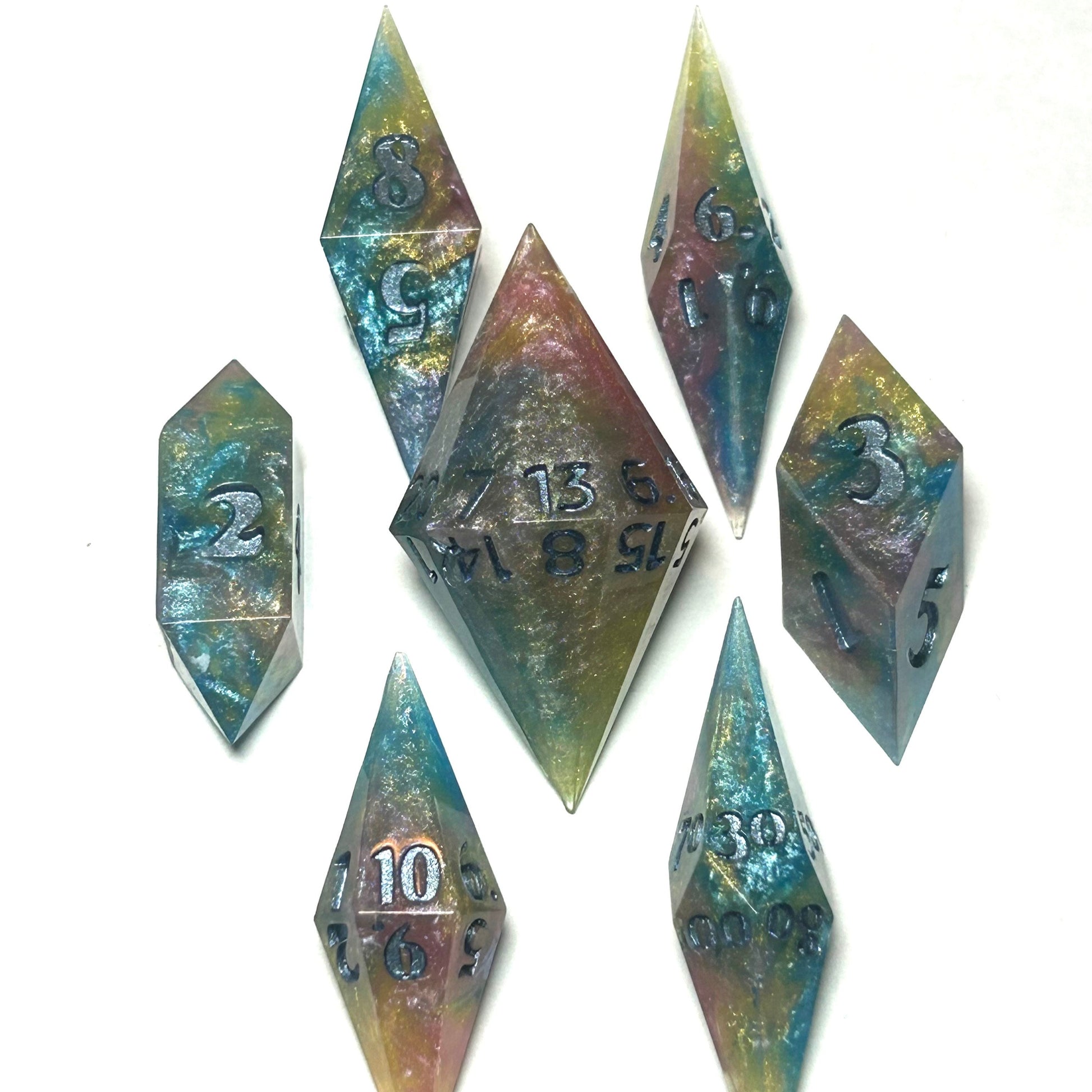 Multicolor stabby dice set with shimmering blue, gold, and violet resin and dark numbering — Infernal Crafts Aetherstorm handmade stabby dice set