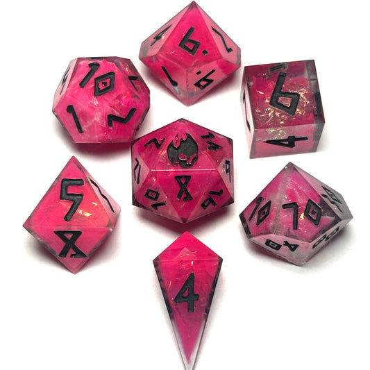 Magenta handmade resin dice set with black rune engravings and fiery shimmer — Infernal Crafts Infernal Rose dice set.