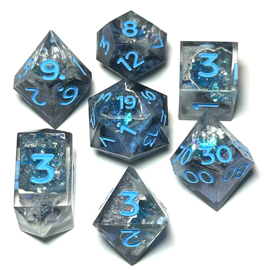 Jumbo handmade resin geode dice set with blue crystalline core and clear resin shell — Infernal Crafts Frostcore Geode dice set