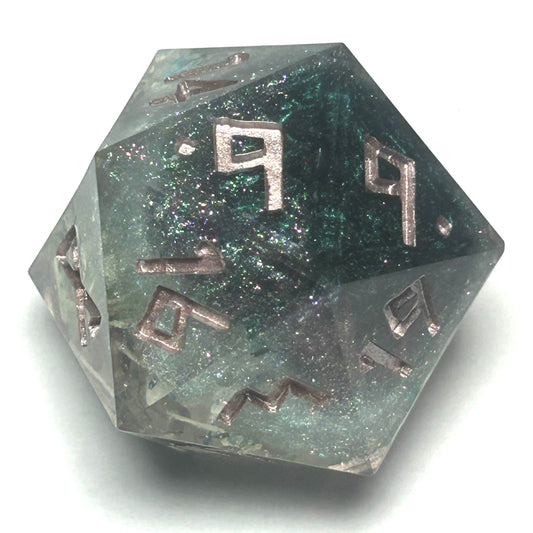 Transparent 35mm chonk D20 die with real mouse bones preserved inside, glittering resin background, and bold gold numbering.