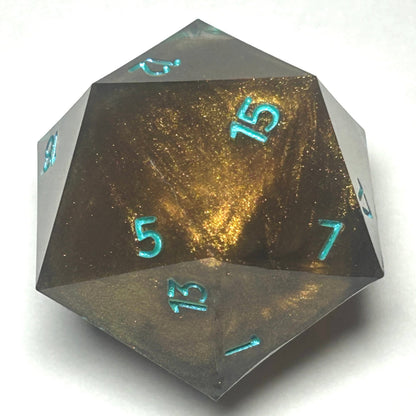 Large 40mm resin D20 featuring a glowing copper coil-like core inside clear resin with shimmering teal numbering.