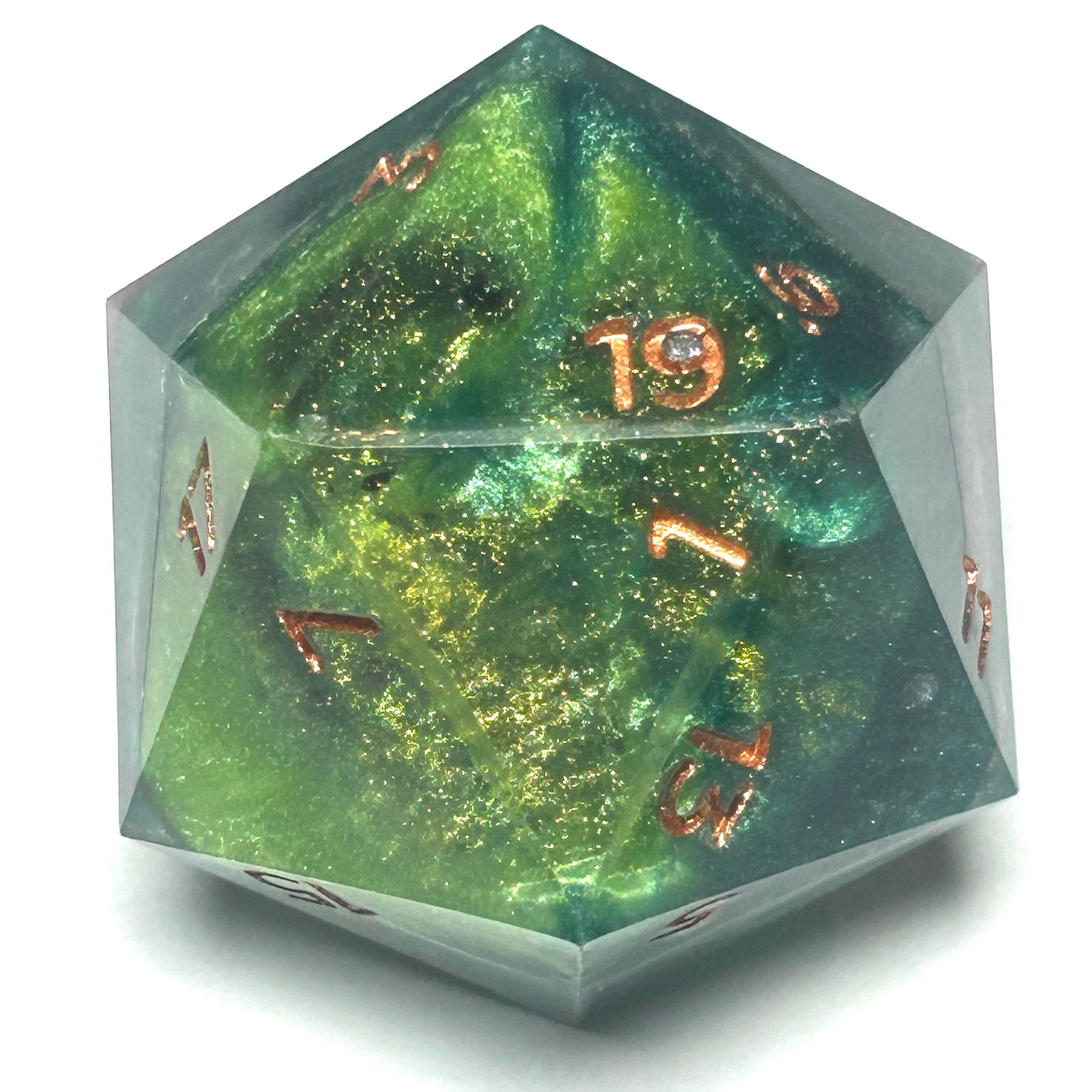 Large 40mm resin D20 inspired by northern lights, with swirling shimmer and copper inked numbers.
