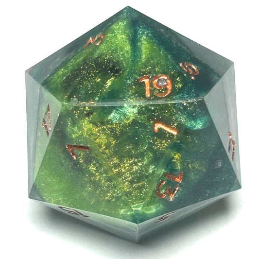 Large 40mm resin D20 inspired by northern lights, with swirling shimmer and copper inked numbers.