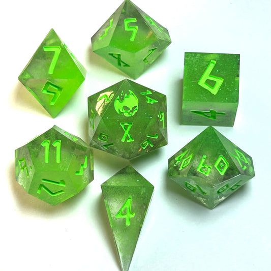 Translucent neon green resin dice set with matching engraved numbering — Infernal Crafts Neon Alchemy handmade resin dice set
